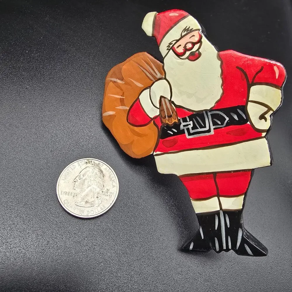 Hand‎ Painted Santa Claus Scarf Clip Slide Ring Vintage 1980s Christmas